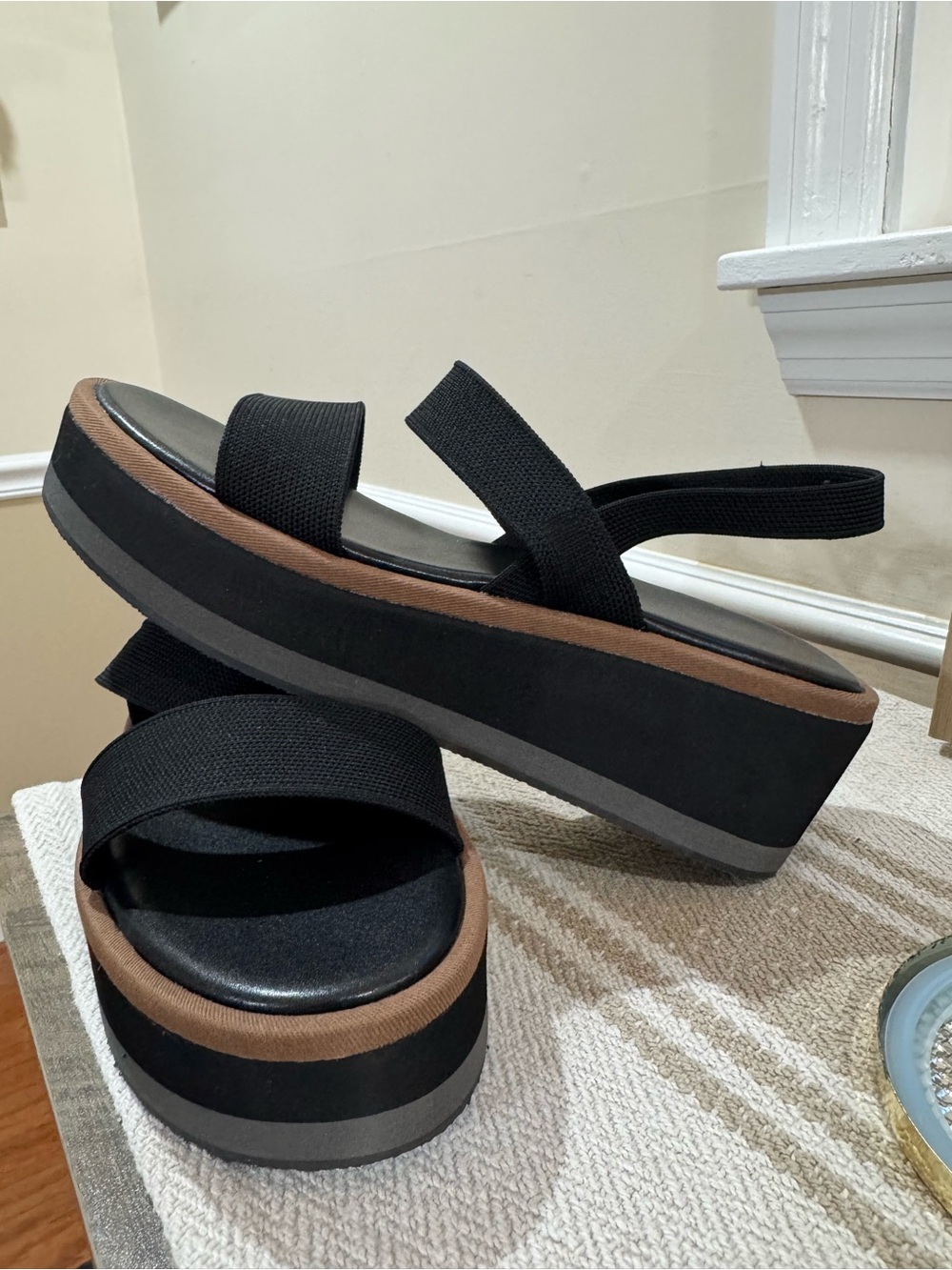 Black Platform Slingback Sandals with Brown Trim